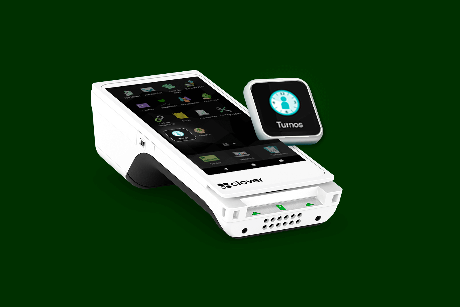 Display com tema Clover e dispositivo Clover Flex com app Turnos aberto.