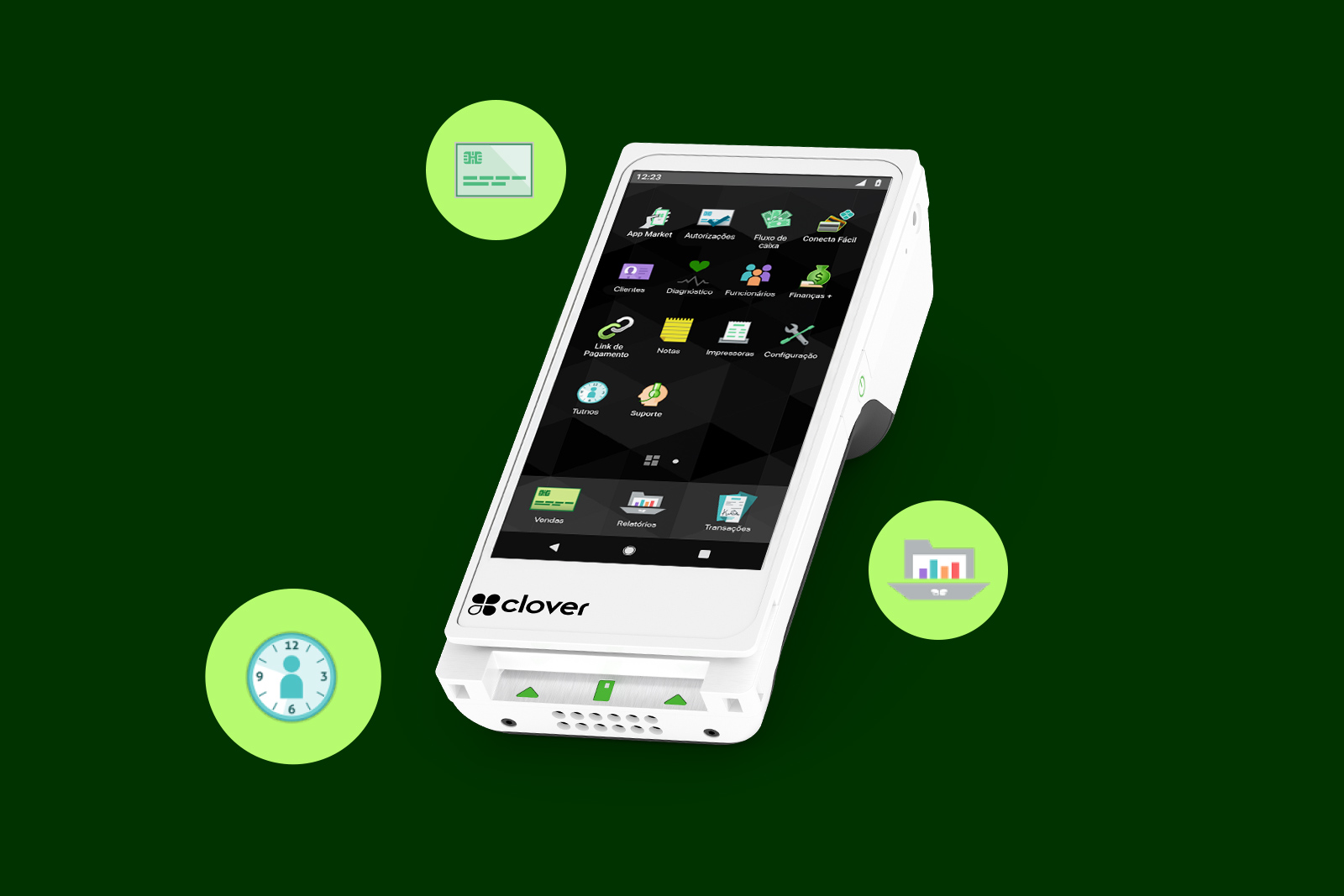 Terminal Clover Flex com destaque para apps gratuitos e nativos.