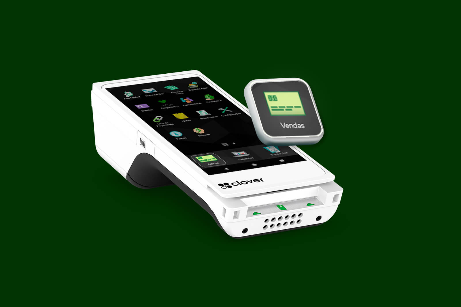 Display com o tema Clover, com o aplicativo Vendas aberto no dispositivo Clover Flex 