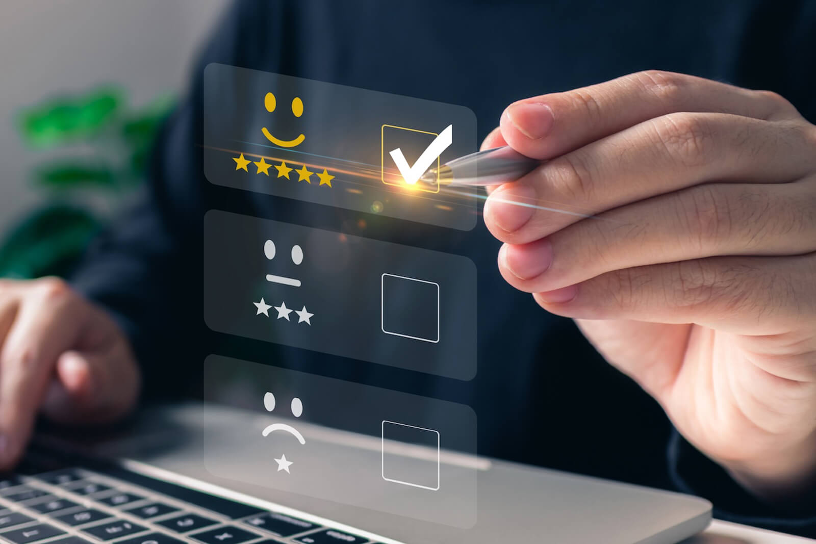Indicador de satisfação do cliente, representando uma boa experiência de compra para o Dia do Cliente.